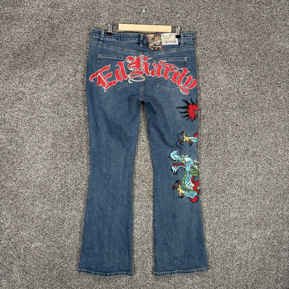 Ed Hardy Low Rise Bootcut Jeans Womens 32 (36/32) Blue Denim Dragon Spellout